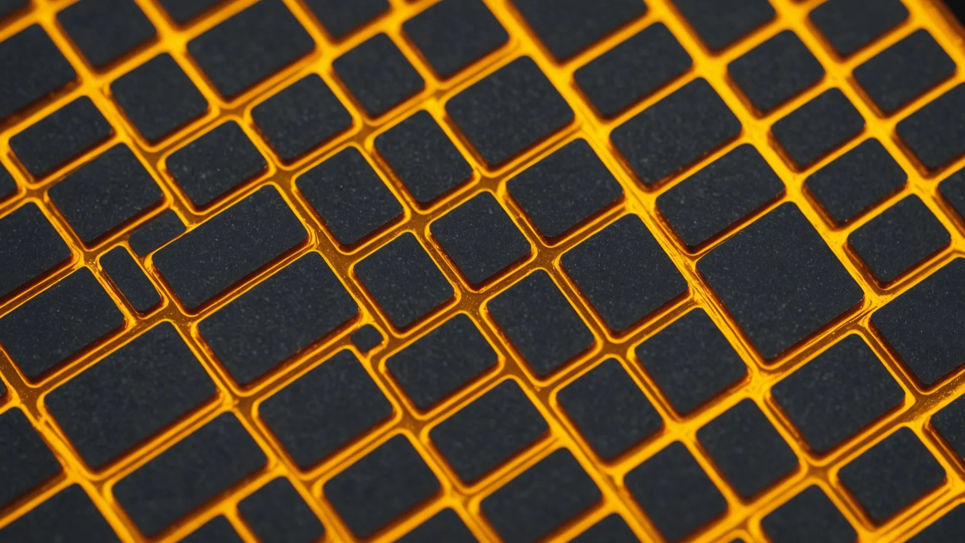 False-color photonic chip micrograph showing waveguide mesh and modulator arrays in amber and gold tones against deep silicon background